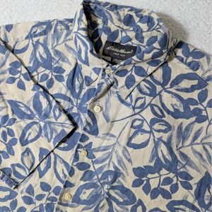 Eddie Bauer Button Down Shirt Mens M Blue Beige Floral Leaf 100% Linen Tropical